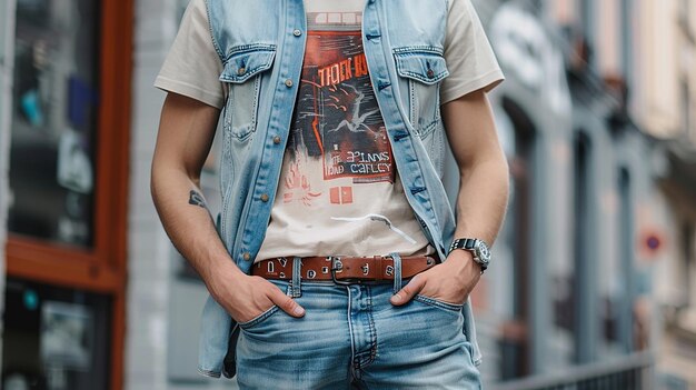 a man wearing a denim jacket with a shirt that saysthe toileton it