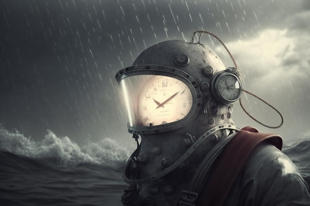 A man wearing a diving helmet with a clock face that says the time is 10 : 30.