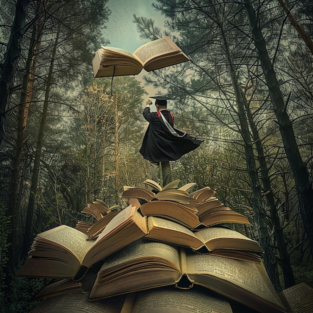 A man wearing a doctoral hat climbing on top of giant open books in the forest graduated above his