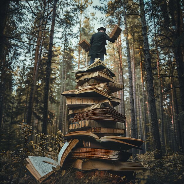 Photo a man wearing a doctoral hat climbing on top of giant open books in the forest graduated above his