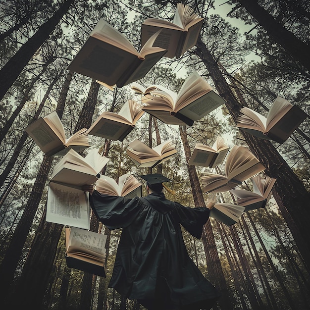 A man wearing a doctoral hat climbing on top of giant open books in the forest graduated above his