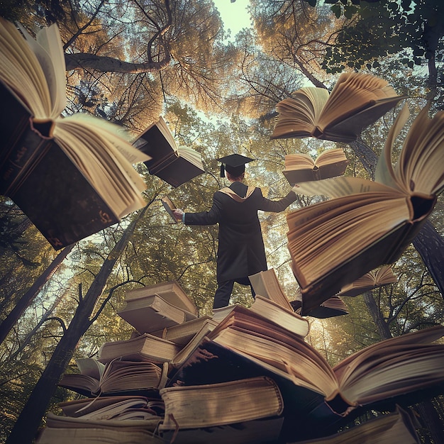 A man wearing a doctoral hat climbing on top of giant open books in the forest graduated above his