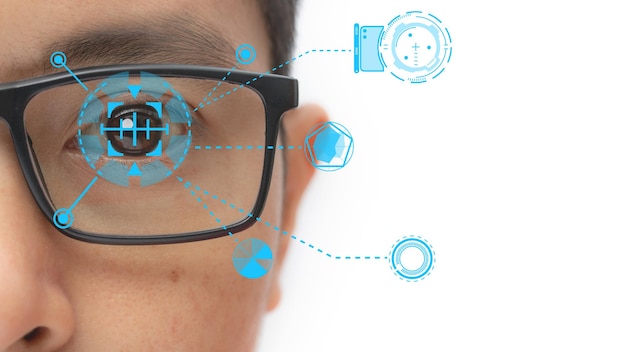 Man wearing eyeglasses with virtual screen future technology