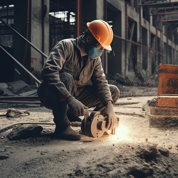 A man wearing a face mask is working on a piece of metal.