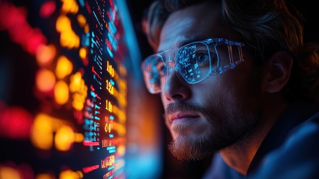 Man Wearing Futuristic Glasses Looking at Data