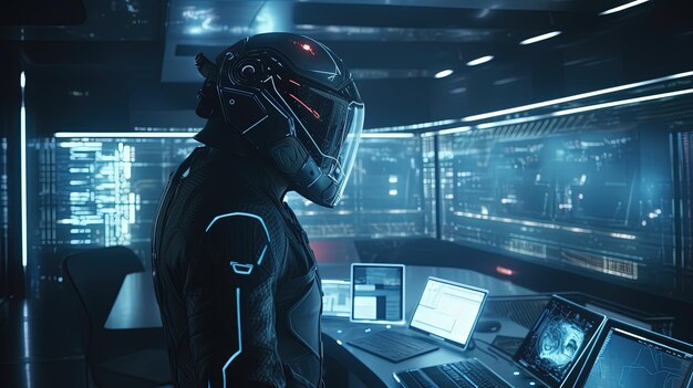 Man wearing futuristic helmet stand in front computer digital art illustration Generative AI