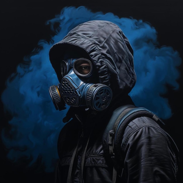 a man wearing a gas mask and a gas mask with smoke coming out of it.