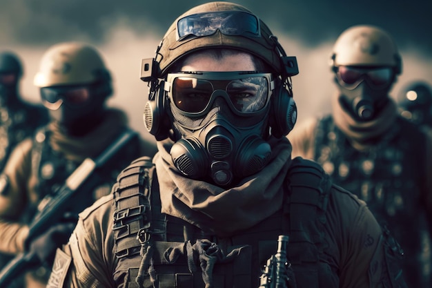 Man wearing gas mask and goggles in front of group of soldiers Generative AI