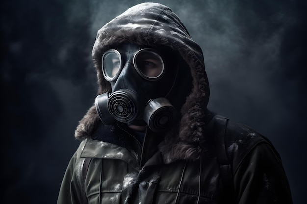 A man wearing a gas mask and a hood stands in front of a dark background.