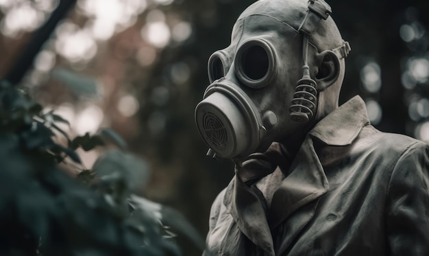 A man wearing a gas mask stands in a forest.