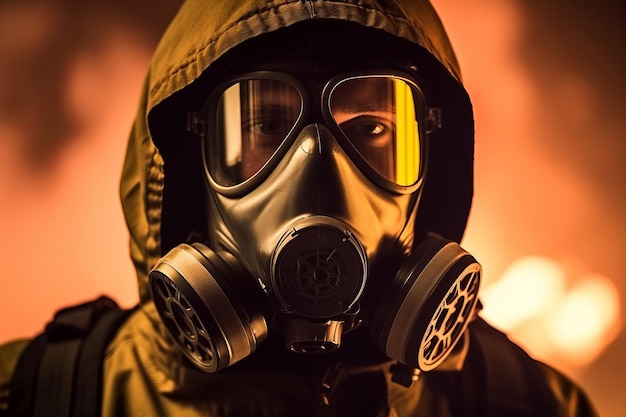 A man wearing a gas mask stands in front of a burning fire.