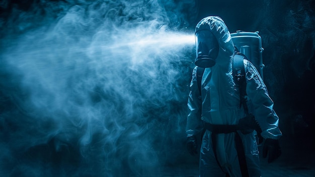 a man wearing a gas mask with a blue background