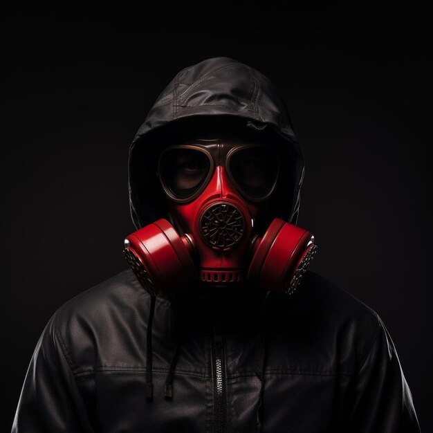 a man wearing a gas mask with the word " ex " on it.