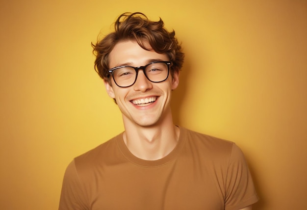 a man wearing glasses and a brown shirt smiles for the camera