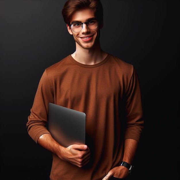 a man wearing glasses and a brown shirt with a laptop in his hand