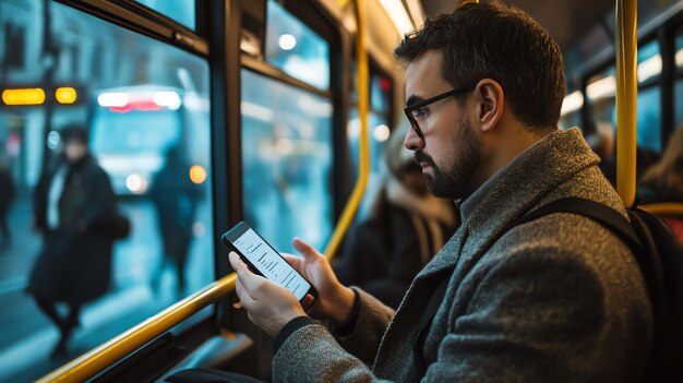 A man wearing glasses checks his phone while riding on a bus