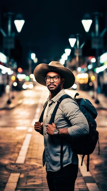 A man wearing glasses goes out to travel wear a hat and carry a backpack