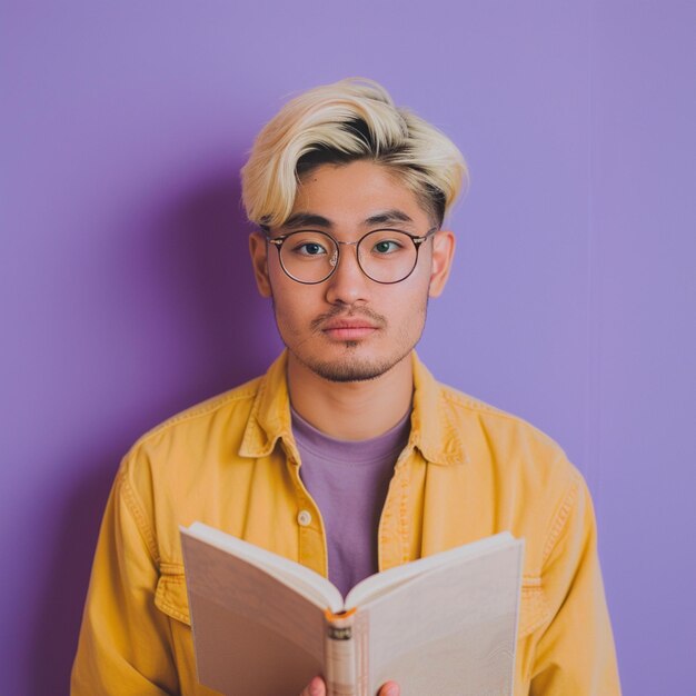 Photo a man wearing glasses holds a book with a purple background behind him