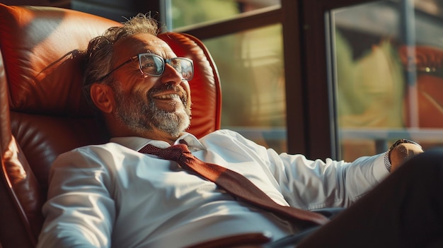 a man wearing glasses is sitting in a chair