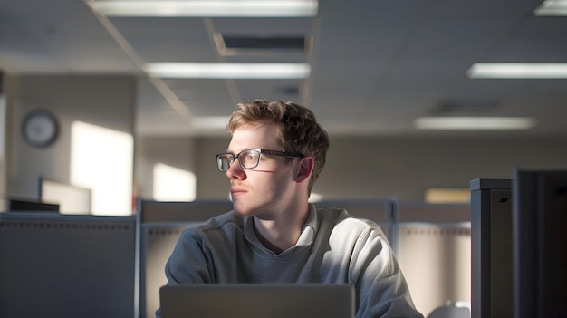 Photo a man wearing glasses is sitting in front of a laptop