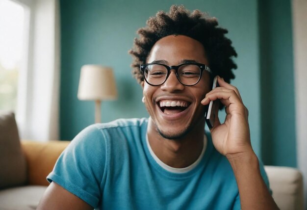 a man wearing glasses is talking on a cell phone