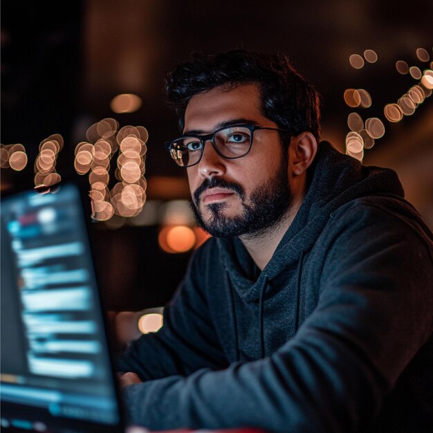 Photo a man wearing glasses is working on a laptop