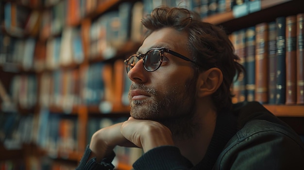 Photo man wearing glasses looking at the camera with a copy of the book behind him