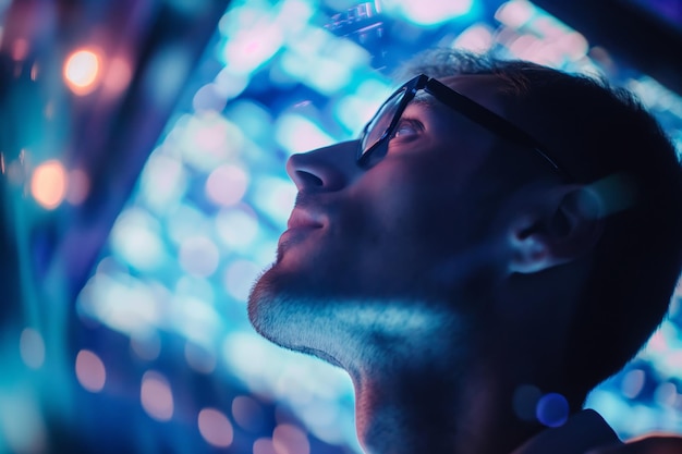 Man Wearing Glasses Looking Up at Modern LED Lighting Display with Blue Light Bokeh