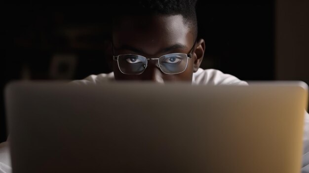 A man wearing glasses looks at a laptop screen in the dark.