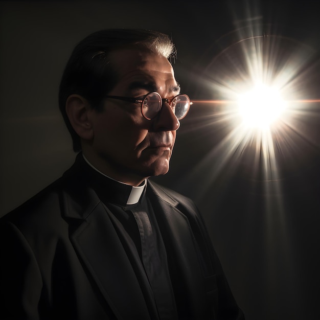 A man wearing glasses and a priest with a bright light behind him.