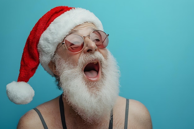 a man wearing glasses and a santa hat with the words santa on it