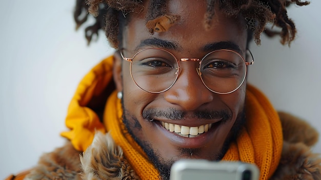 a man wearing glasses and a scarf with a yellow scarf on his head is looking at the phone