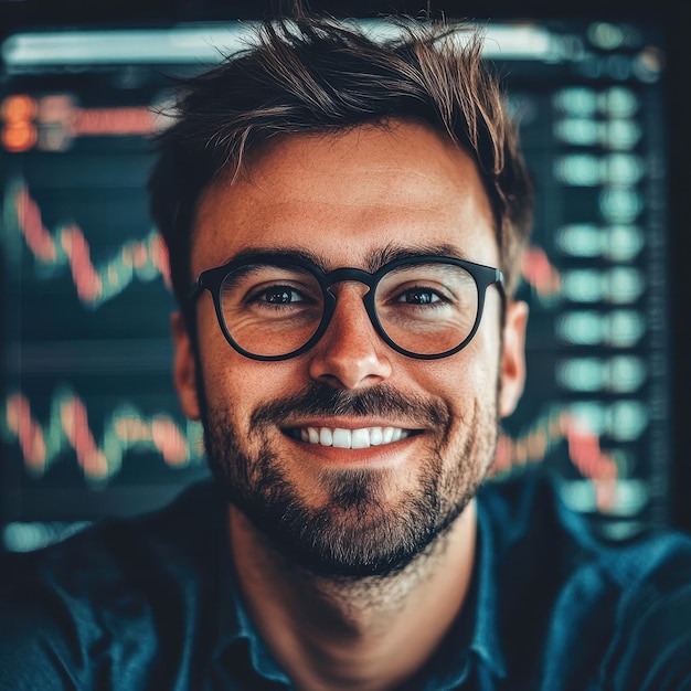 a man wearing glasses and a shirt that says  happy