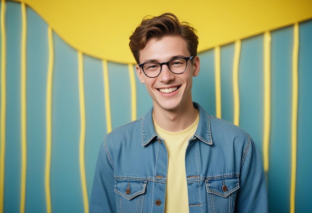 a man wearing glasses and a shirt that says quot hes smiling quot