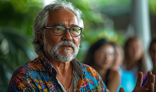 a man wearing glasses and a shirt with a flower on it