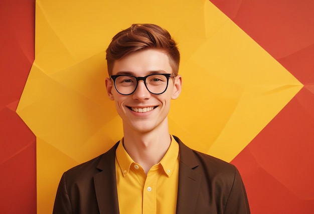 a man wearing glasses and a shirt with a yellow shirt that says quot hes smiling quot