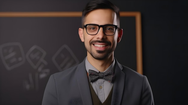 A man wearing glasses stands in front of a chalkboard that says'the word'on it '