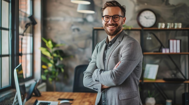 A man wearing glasses stands in front of a desk in a typical office setting looking focused and