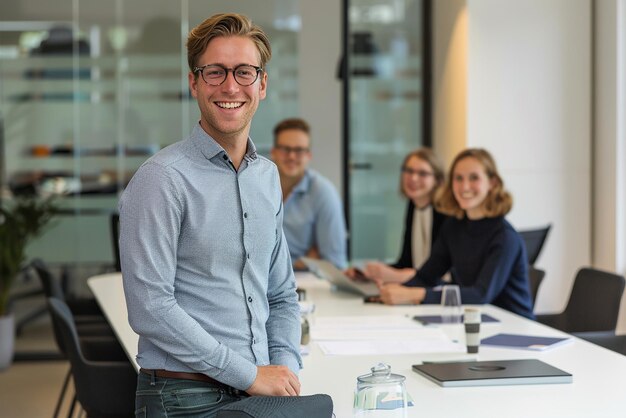 Photo a man wearing glasses stands in front of a group of people