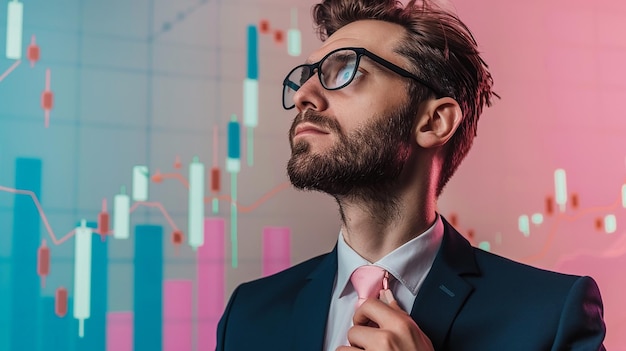 Photo a man wearing glasses and a suit with the word graph on the top