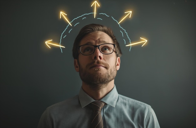 A man wearing glasses and a tie with illustrated arrows emanating from his head on a dark background