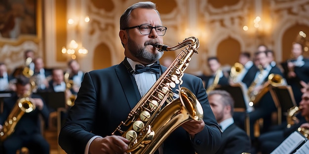 a man wearing glasses and a tuxedo plays a saxophone