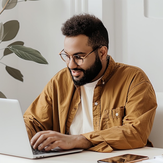 a man wearing glasses uses a laptop with a yellow shirt