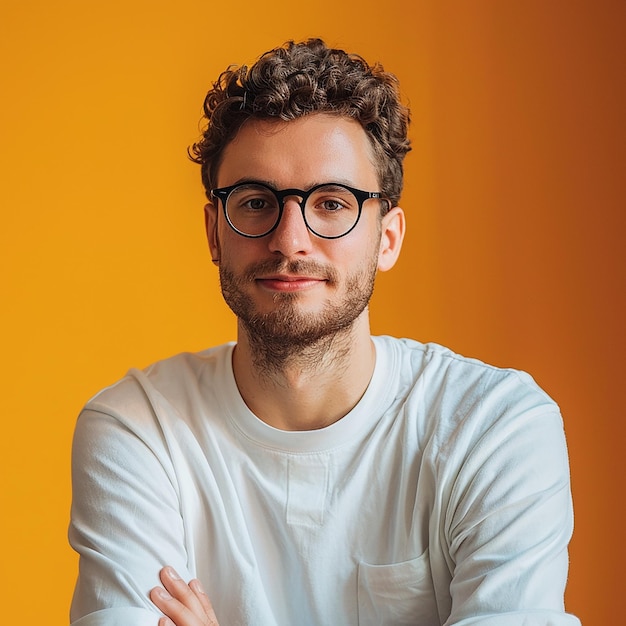 a man wearing glasses and a white shirt with a white shirt that says  he is wearing a white shirt