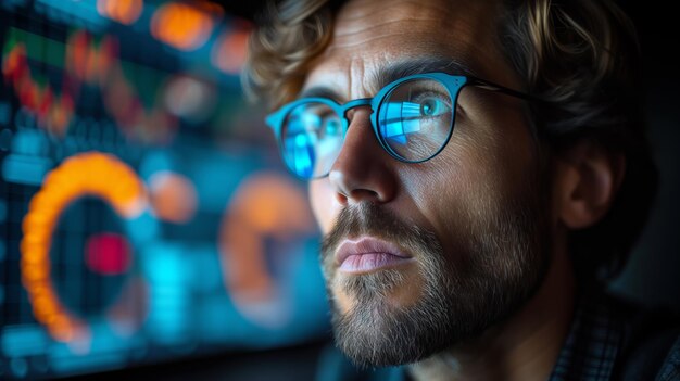 a man wearing glasses with a blue lense on his face