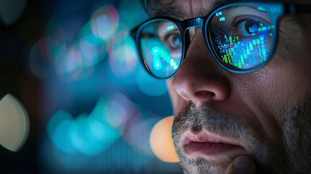 a man wearing glasses with the word quot blue quot on the bottom