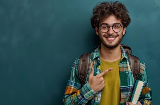 a man wearing glasses and a yellow shirt points to the camera