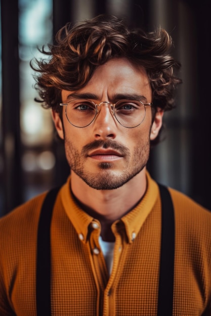 A man wearing glasses and a yellow shirt stands in front of a window.