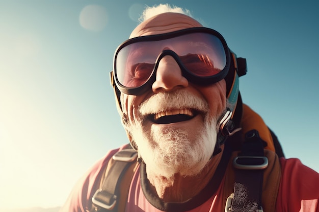 A man wearing goggles and a red shirt smiles for the camera