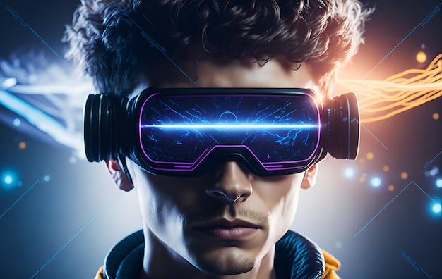 A man wearing goggles with the cyberpunk futuristic metaverse concept